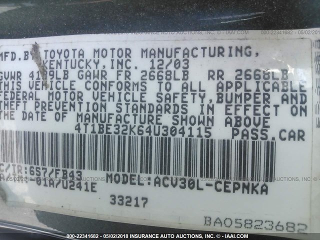 4T1BE32K64U304115 - 2004 TOYOTA CAMRY LE/XLE/SE მწვანე ფოტო 9