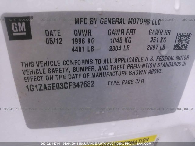 1G1ZA5E03CF347682 - 2012 CHEVROLET MALIBU LS 白色 照片 9