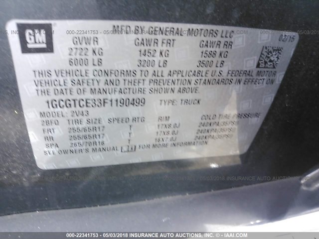 1GCGTCE33F1190499 - 2015 CHEVROLET COLORADO Z71 GRAY photo 9