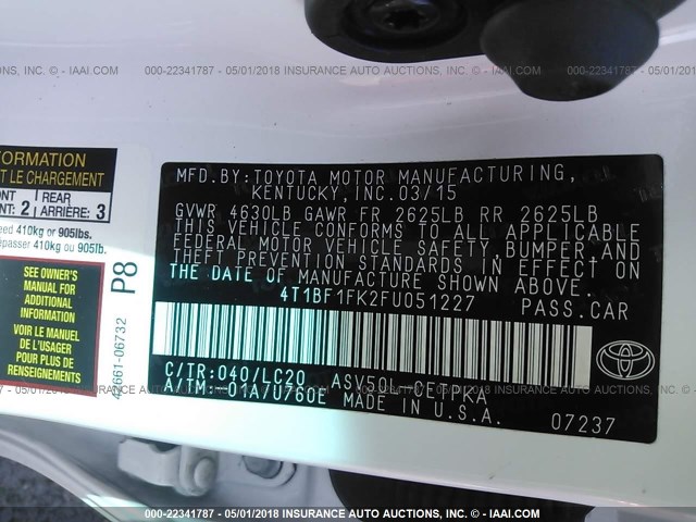 4T1BF1FK2FU051227 - 2015 TOYOTA CAMRY LE/XLE/SE/XSE WHITE photo 9