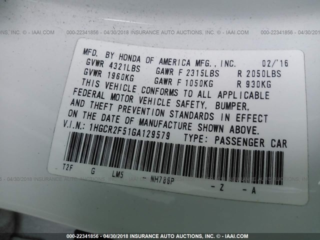 1HGCR2F51GA129579 - 2016 HONDA ACCORD SPORT Ақ фото 9