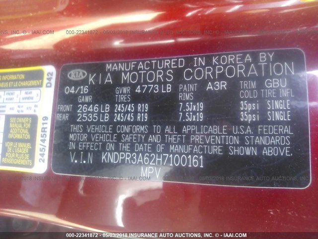KNDPR3A62H7100161 - 2017 KIA SPORTAGE SX RED photo 9