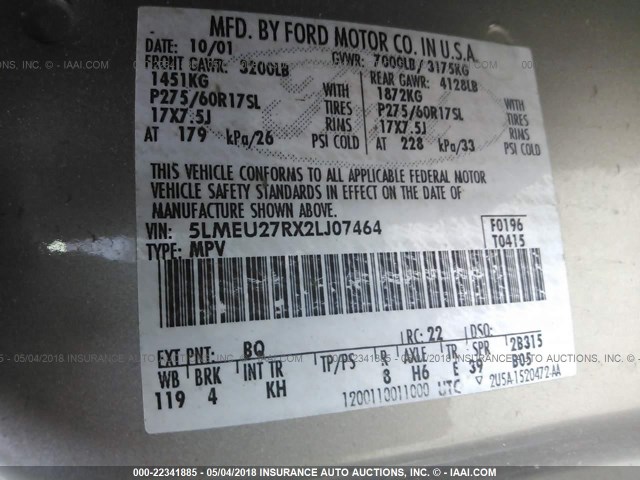 5LMEU27RX2LJ07464 - 2002 LINCOLN NAVIGATOR 棕色 照片 9