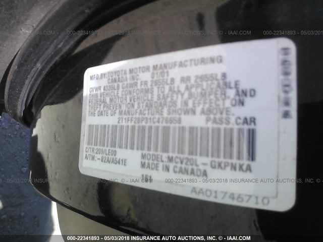 2T1FF28P31C476658 - 2001 TOYOTA CAMRY SOLARA SE/SLE შავი ფოტო 9