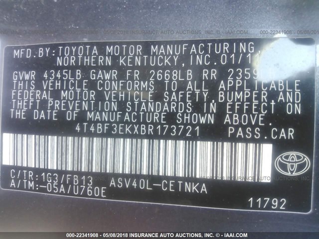 4T4BF3EKXBR173721 - 2011 TOYOTA CAMRY SE/LE/XLE GRAY photo 9