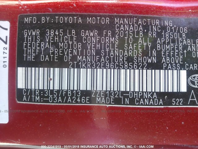 2T1KR32E96C585622 - 2006 TOYOTA COROLLA MATRIX XR RED photo 9