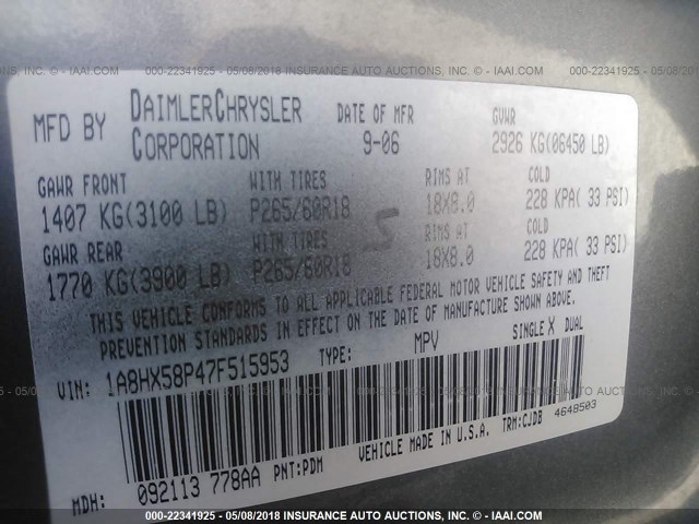 1A8HW58217F523418 - 2007 CHRYSLER ASPEN LIMITED GRAY photo 9