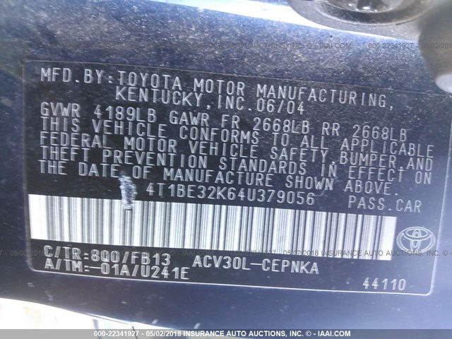 4T1BE32K64U379056 - 2004 TOYOTA CAMRY LE/XLE/SE ლურჯი ფოტო 9