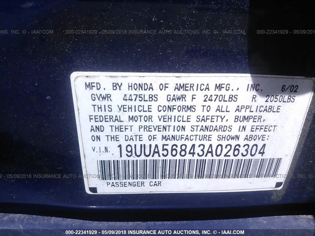 19UUA56843A026304 - 2003 ACURA 3.2TL TYPE-S BLUE photo 9