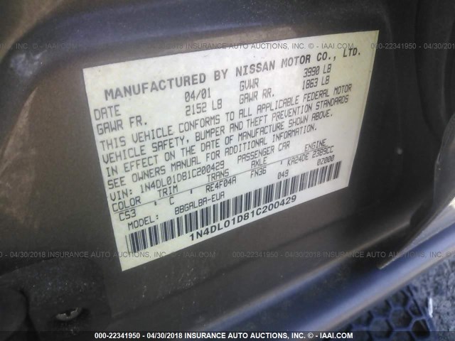 1N4DL01D81C200429 - 2001 NISSAN ALTIMA XE/GXE/SE GOLD photo 9