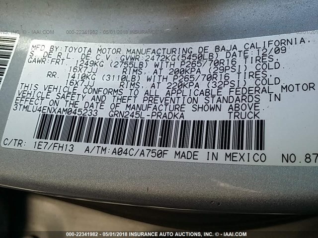 3TMLU4ENXAM045233 - 2010 TOYOTA TACOMA DOUBLE CAB ვერცხლისფერი ფოტო 9