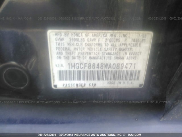 1HGCF8648WA089471 - 1998 HONDA ACCORD DX BLACK photo 9