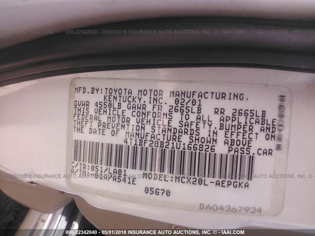 4T1BF28B21U166826 - 2001 TOYOTA AVALON XL/XLS WHITE photo 9