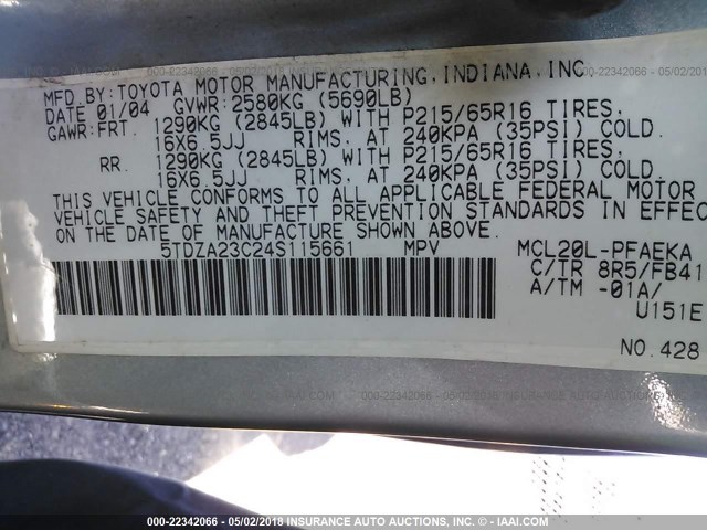 5TDZA23C24S115661 - 2004 TOYOTA SIENNA CE/LE BLUE photo 9