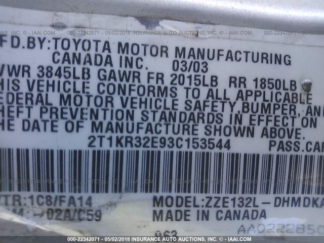 2T1KR32E93C153544 - 2003 TOYOTA COROLLA MATRIX XR SILVER photo 9