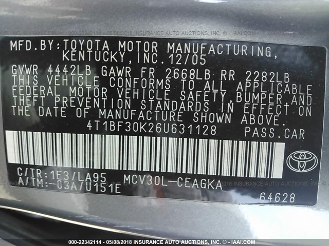 4T1BF30K26U631128 - 2006 TOYOTA CAMRY LE/XLE/SE ნაცრისფერი ფოტო 9