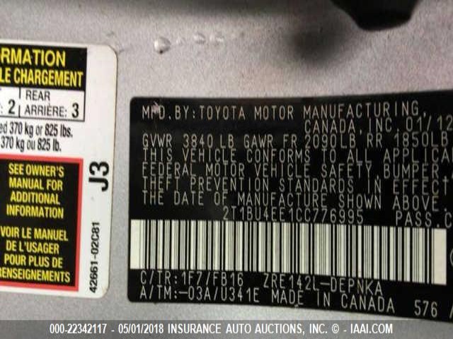 2T1BU4EE1CC776995 - 2012 TOYOTA COROLLA S/LE SILVER photo 9