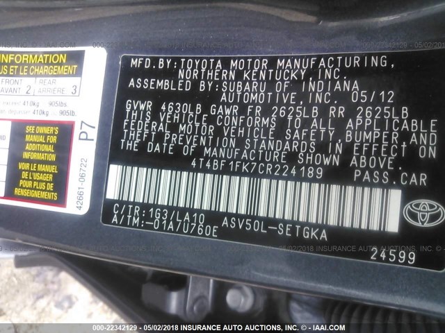 4T4BF1FK7CR224189 - 2012 TOYOTA CAMRY SE/LE/XLE GRAY photo 9