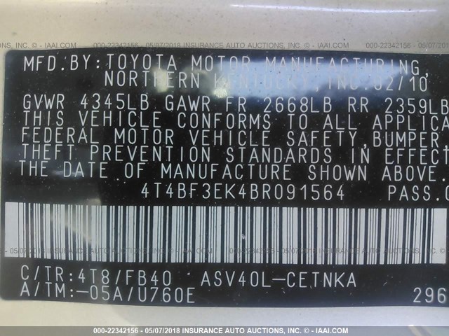 4T4BF3EK4BR091564 - 2011 TOYOTA CAMRY SE/LE/XLE GOLD photo 9