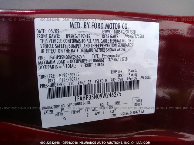 1FAHP35N09W246275 - 2009 FORD FOCUS SE RED photo 9