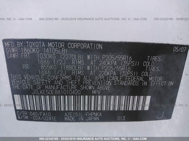 JTLKE50E881010420 - 2008 TOYOTA SCION XB WHITE photo 9