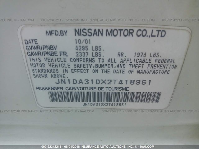 JN1DA31DX2T418961 - 2002 NISSAN MAXIMA GLE/GXE/SE WHITE photo 9