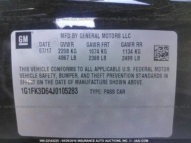 1G1FK3D64J0105283 - 2018 CHEVROLET CAMARO ZL1 黑色 照片 9