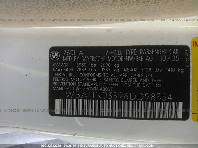 WBAHN03596DD98354 - 2006 BMW 760 LI WHITE photo 9