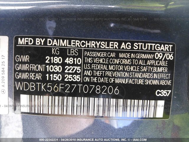 WDBTK56F27T078206 - 2007 MERCEDES-BENZ CLK 350 GRAY photo 9