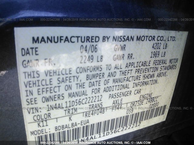 1N4AL11D56C222212 - 2006 NISSAN ALTIMA S/SL GRAY photo 9