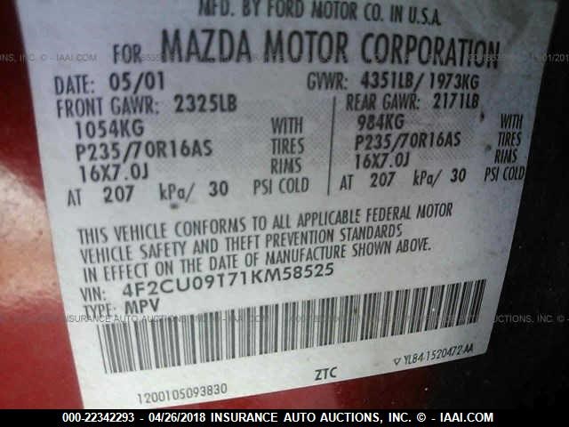 4F2CU09171KM58525 - 2001 MAZDA TRIBUTE LX/ES RED photo 9