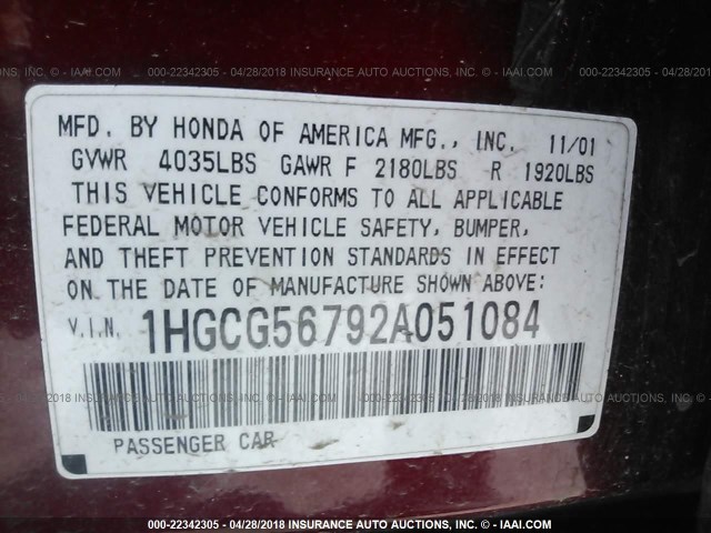 1HGCG56792A051084 - 2002 HONDA ACCORD SE RED photo 9