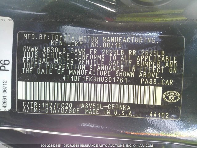 4T1BF1FK9HU301761 - 2017 TOYOTA CAMRY LE/XLE/SE/XSE შავი ფოტო 9