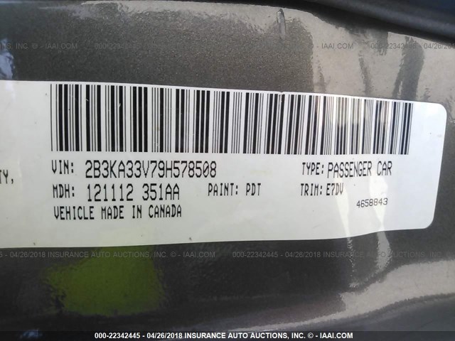 2B3KA33V79H578508 - 2009 DODGE CHARGER SXT GRAY photo 9