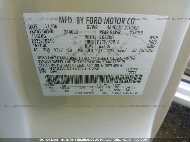 4M2CU97197KJ19260 - 2007 MERCURY MARINER PREMIER CREAM photo 9