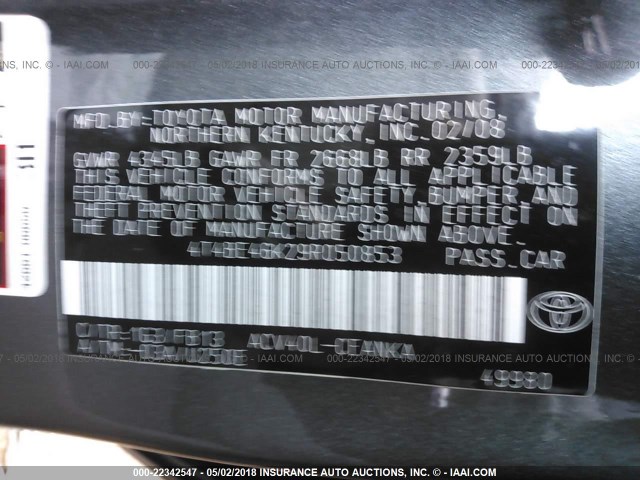 4T4BE46K29R050853 - 2009 TOYOTA CAMRY SE/LE/XLE GRAY photo 9
