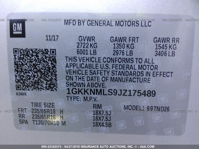 1GKKNMLS9JZ175489 - 2018 GMC ACADIA SLT-1 Srebrny zdjęcie 9