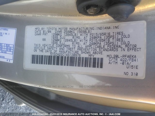 5TDZA23C14S120978 - 2004 TOYOTA SIENNA CE/LE SILVER photo 9