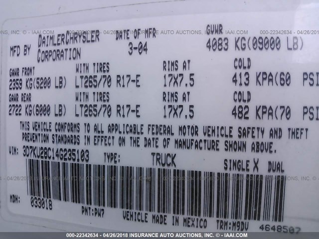 3D7KU28C14G235103 - 2004 DODGE RAM 2500 ST/SLT 白色 照片 9