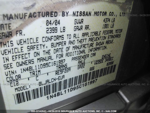 1N4BL11D95C161997 - 2005 NISSAN ALTIMA SE/SL/SE-R TAN photo 9