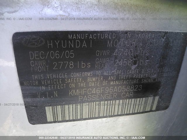 KMHFC46F96A058823 - 2006 HYUNDAI AZERA SE/LIMITED SILVER photo 9