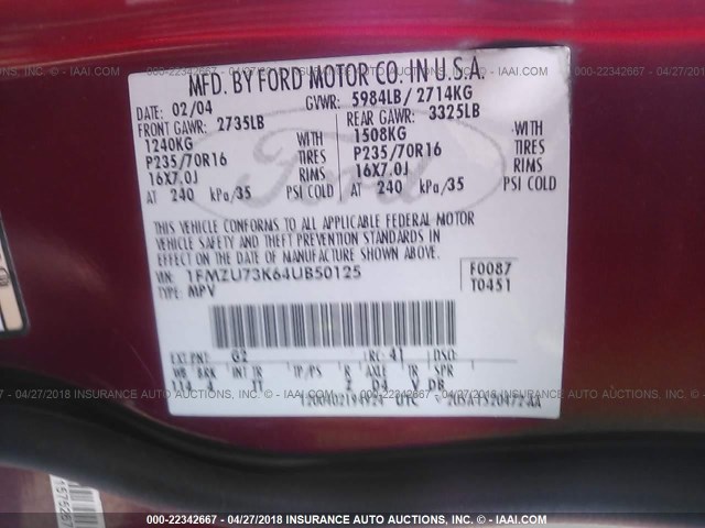 1FMZU73K64UB50125 - 2004 FORD EXPLORER XLT/XLT SPORT/NBX RED photo 9