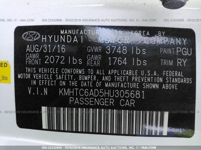 KMHTC6AD5HU305681 - 2017 HYUNDAI VELOSTER WHITE photo 9