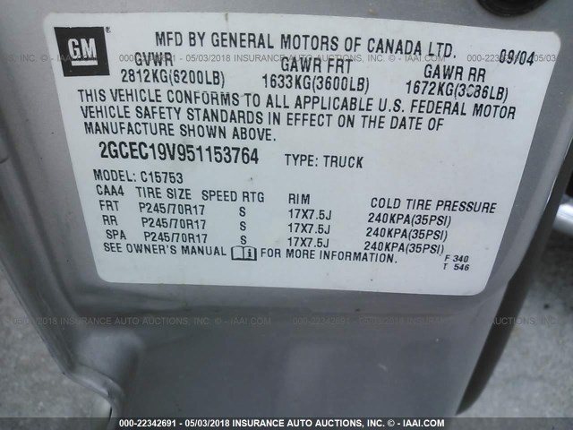 2GCEC19V951153764 - 2005 CHEVROLET SILVERADO C1500 GRAY photo 9