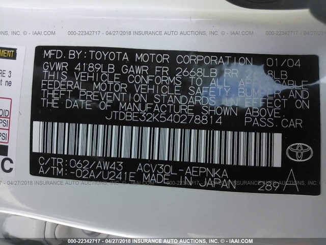 JTDBE32K540278814 - 2004 TOYOTA CAMRY LE/XLE WHITE photo 9