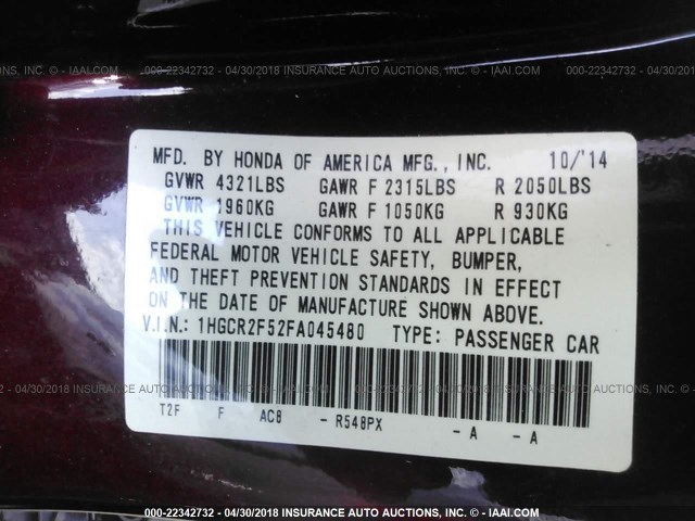 1HGCR2F52FA045480 - 2015 HONDA ACCORD SPORT 勃艮第红 照片 9