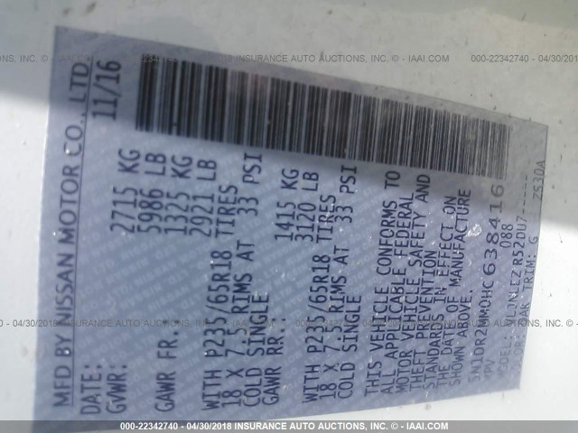 5N1DR2MM0HC638416 - 2017 NISSAN PATHFINDER S/SV/SL/PLATINUM 白色 照片 9