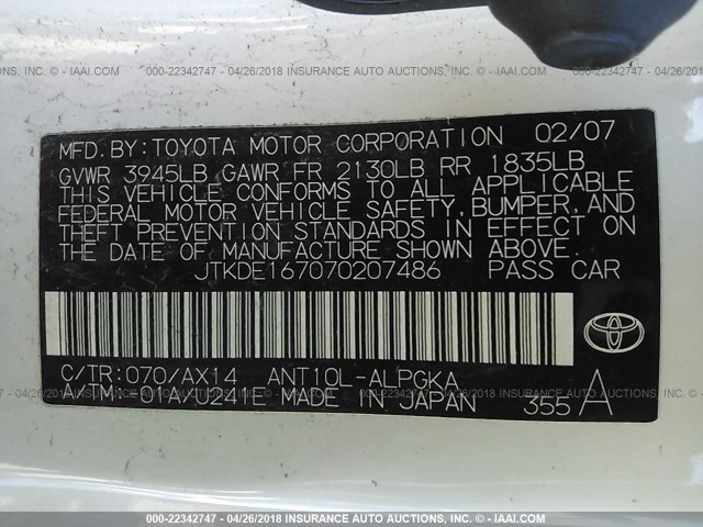 JTKDE167070207486 - 2007 TOYOTA SCION TC 白色 照片 9