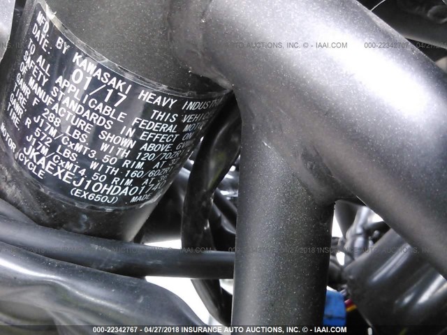 JKAEXEJ10HDA01740 - 2017 KAWASAKI EX650 J ნარინჯისფერი ფოტო 10
