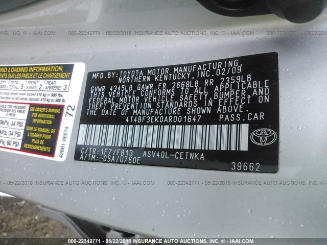 4T4BF3EK0AR001647 - 2010 TOYOTA CAMRY SE/LE/XLE ვერცხლისფერი ფოტო 9